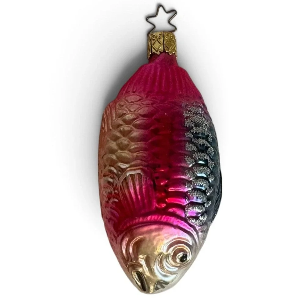 Vintage Pink Glass Fish Christmas Ornament Made in Germany Glitter Koi Carp 4in
